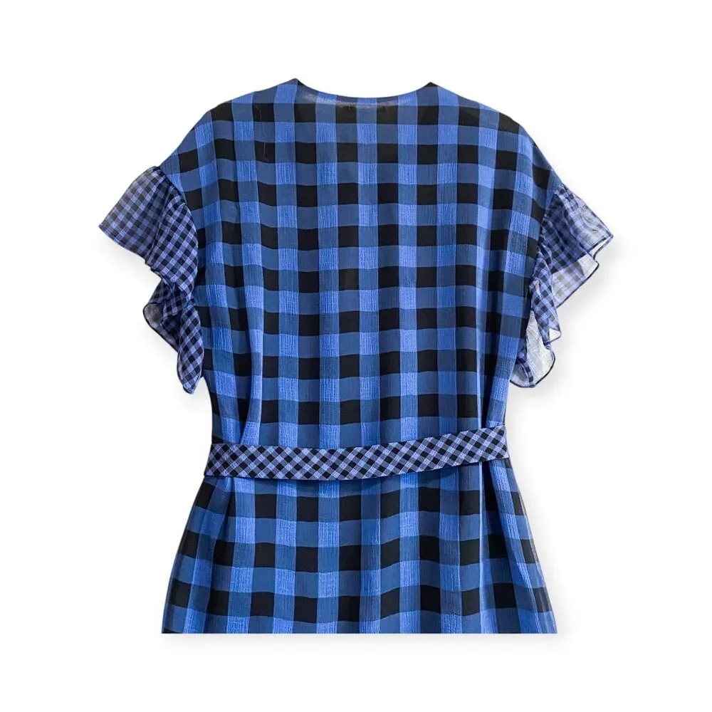 Tularosa Jenny Blue and Black Buffalo/gingham Plaid Wrap Mini Dress, Size M